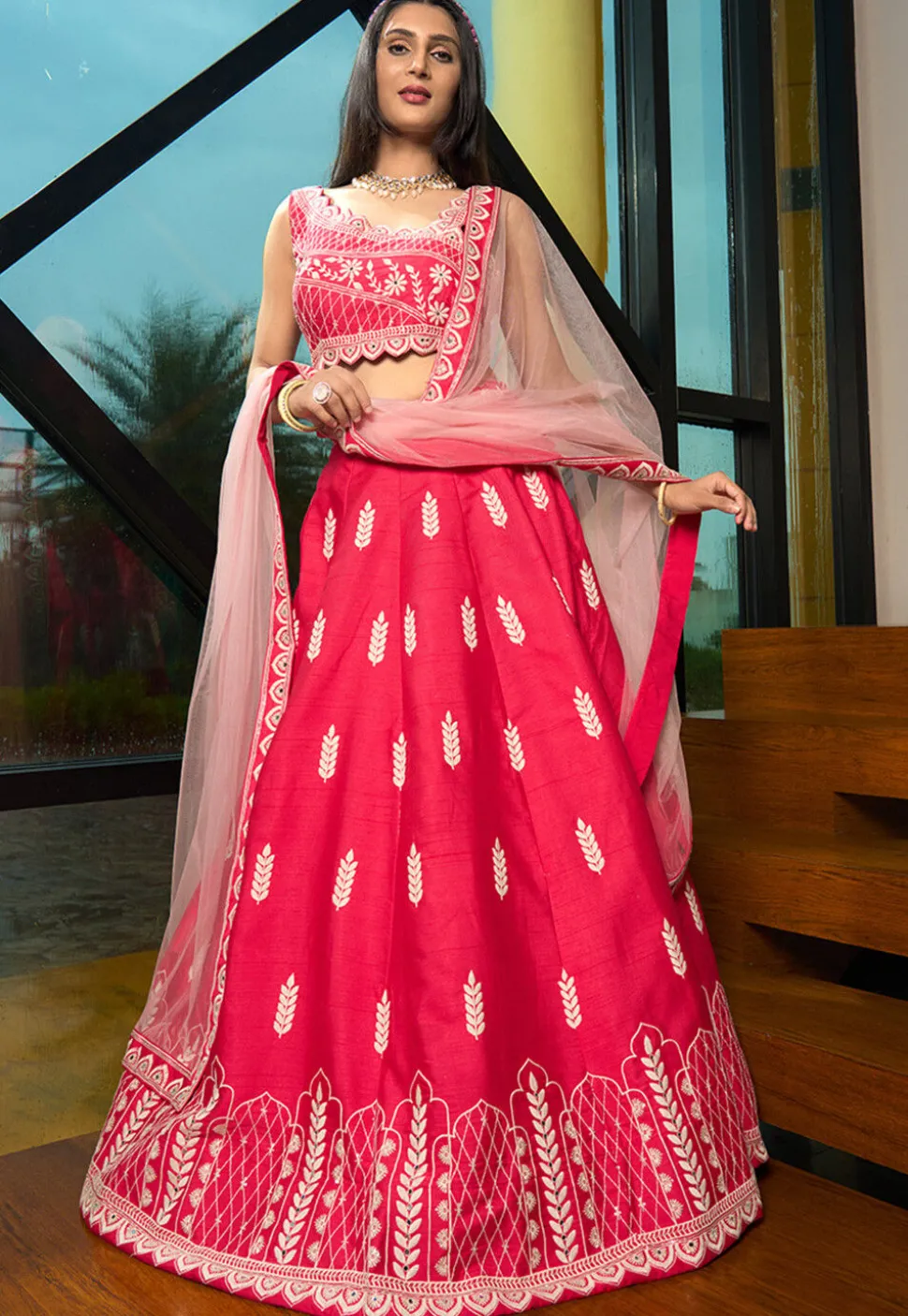 Embroidered Art Silk Lehenga in Red