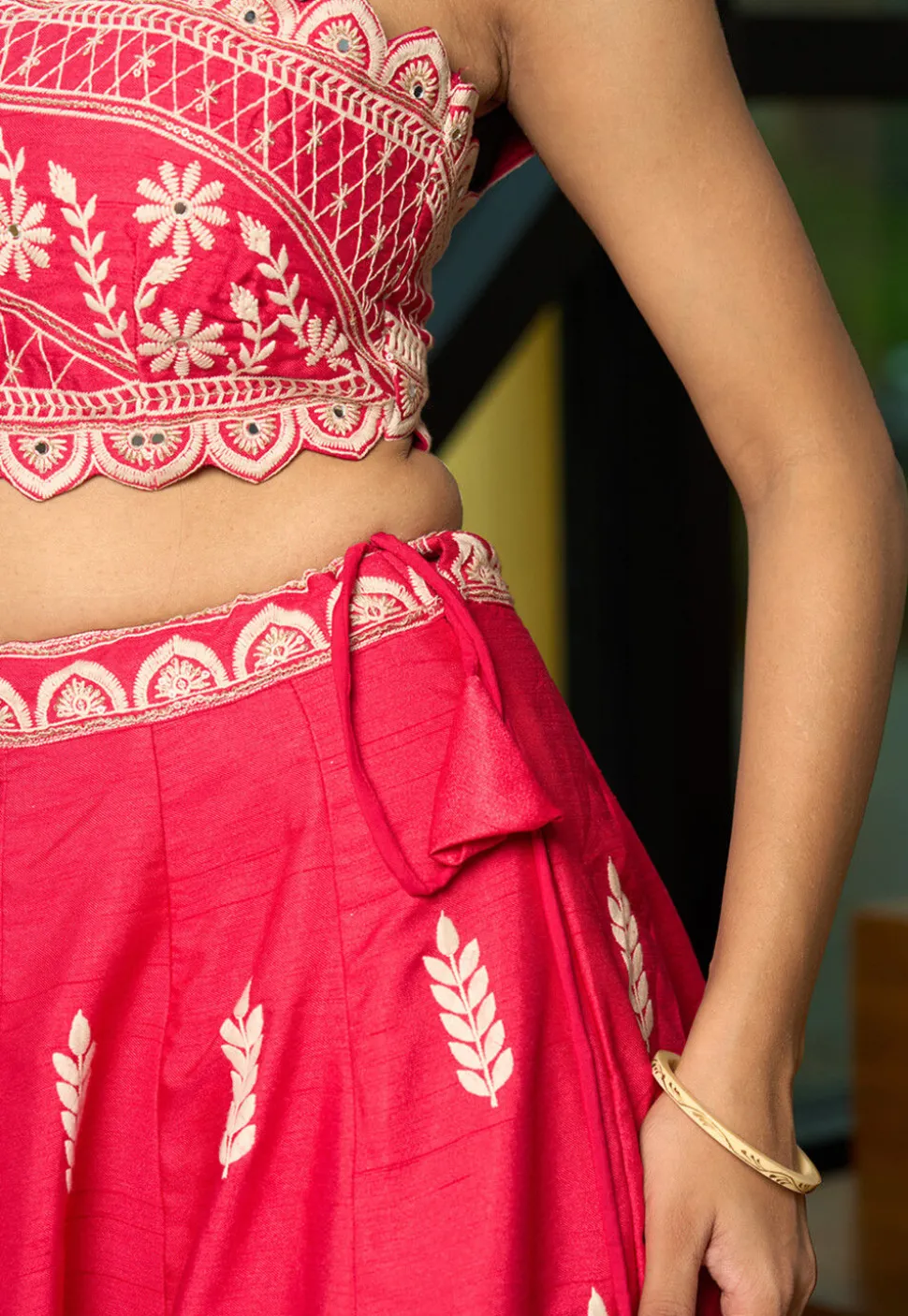 Embroidered Art Silk Lehenga in Red