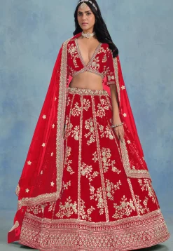 Embroidered Art Silk Lehenga in Red