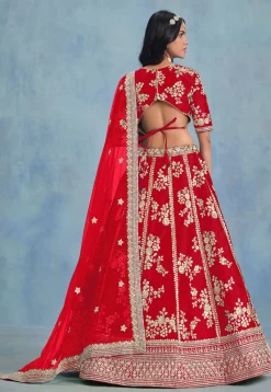 Embroidered Art Silk Lehenga in Red