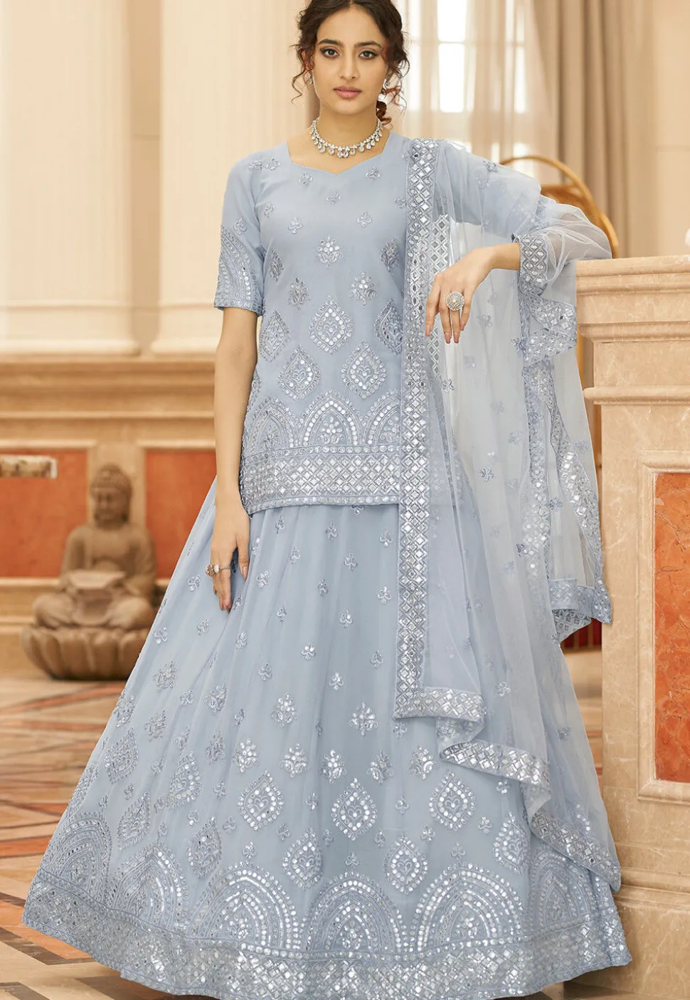 Embroidered Art Silk Lehenga in Grey