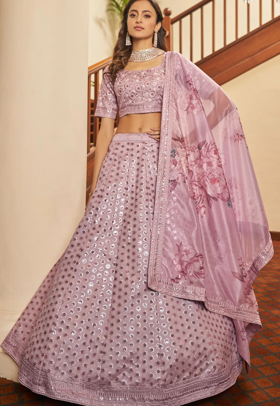 Embroidered Art Silk Lehenga in Pink