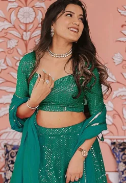 Embroidered Art Silk Lehenga in Shaded Sea Green