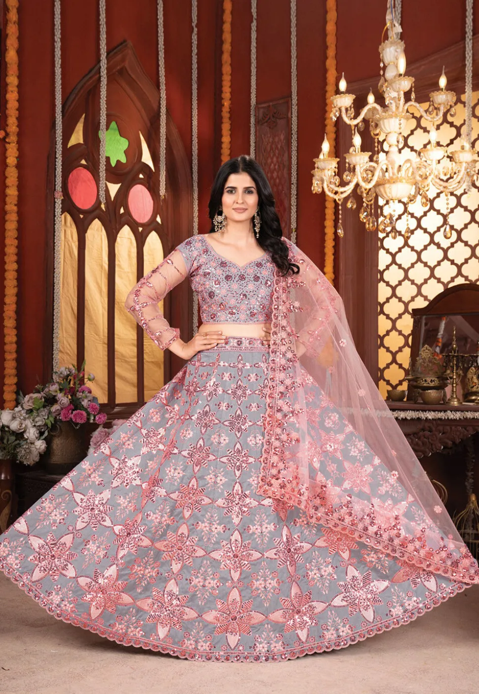 Embroidered Art Silk Lehenga in Grey