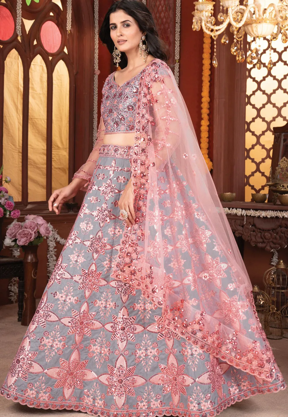 Embroidered Art Silk Lehenga in Grey