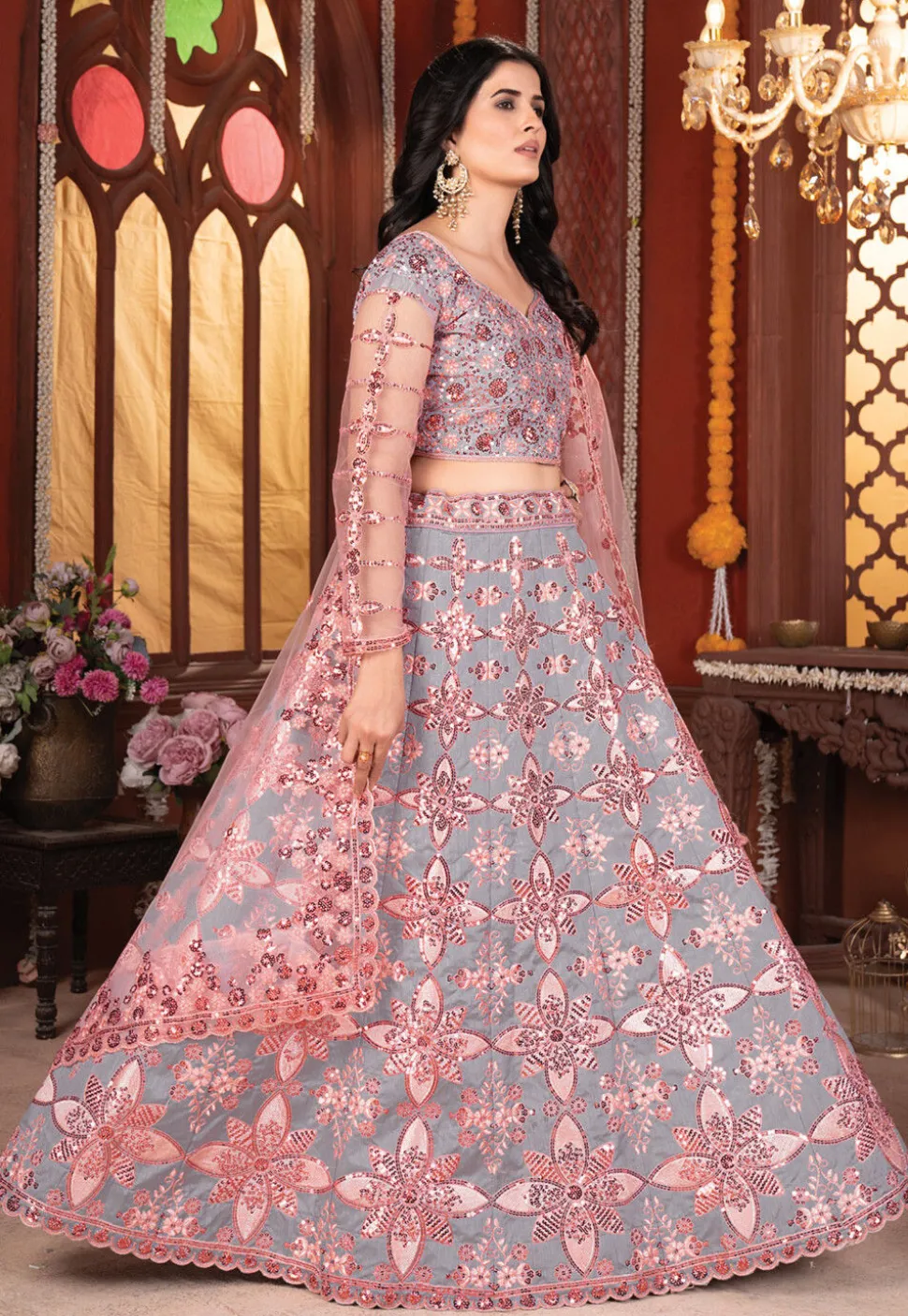 Embroidered Art Silk Lehenga in Grey