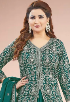 Embroidered Art Silk Lehenga in Teal Green