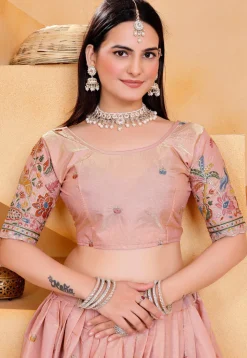 Embroidered Art Silk Lehenga in Peach