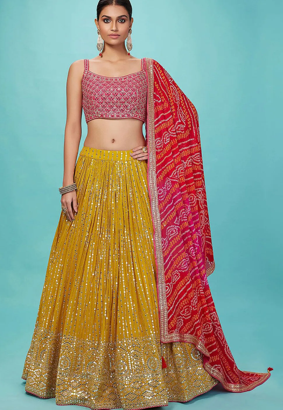 Embroidered Art Silk Lehenga in Yellow