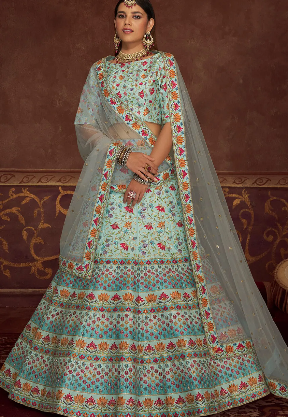 Embroidered Art Silk Lehenga in Sky Blue