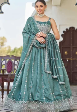 Embroidered Art Silk Lehenga in Teal Green
