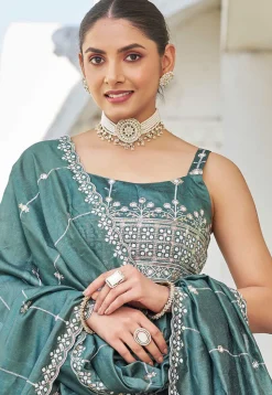 Embroidered Art Silk Lehenga in Teal Green