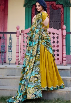 Embroidered Art Silk Lehenga in Olive Green