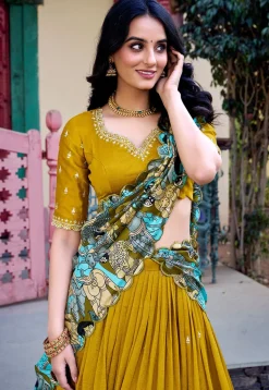 Embroidered Art Silk Lehenga in Olive Green