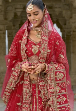 Embroidered Art Silk Lehenga in Red