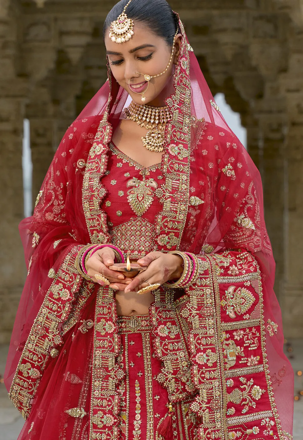 Embroidered Art Silk Lehenga in Red