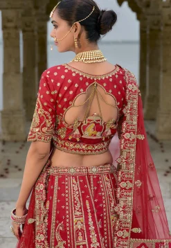 Embroidered Art Silk Lehenga in Red