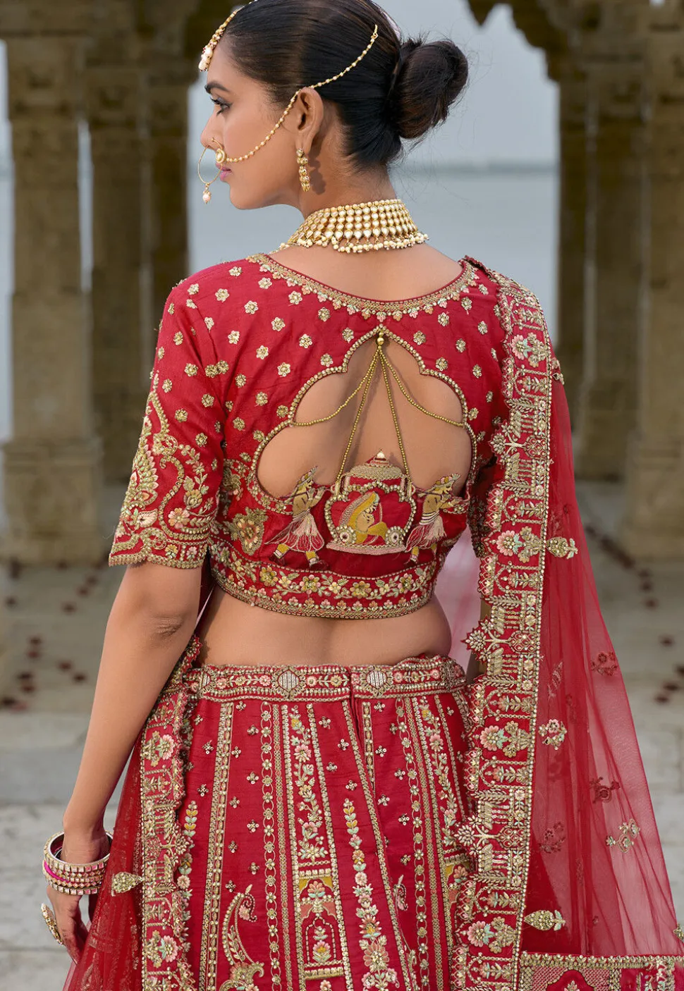 Embroidered Art Silk Lehenga in Red