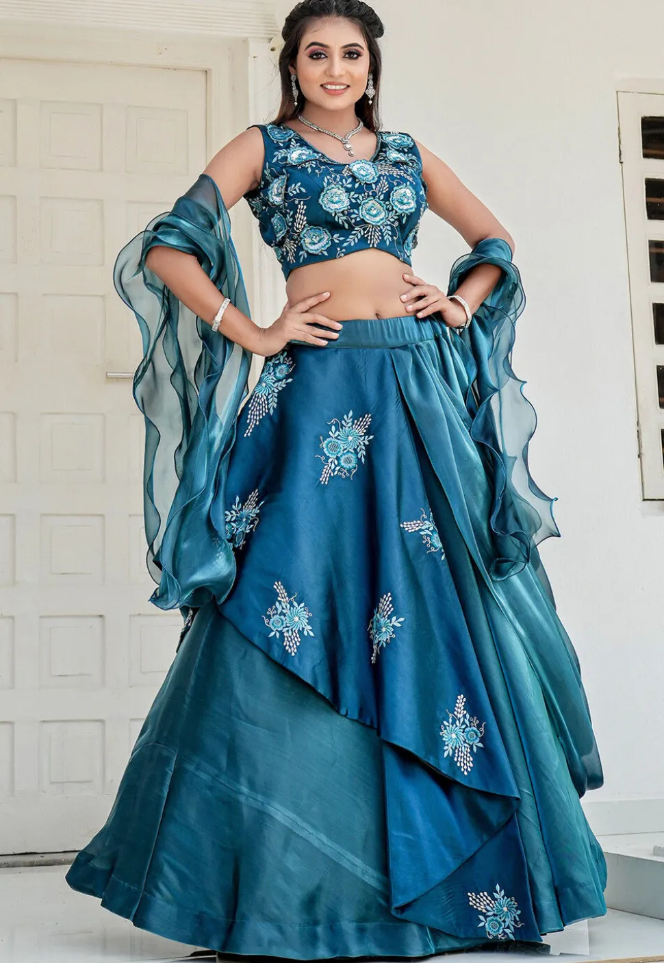 Embroidered Art Silk Lehenga in Teal Blue
