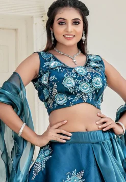 Embroidered Art Silk Lehenga in Teal Blue