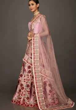 Embroidered Art Silk Lehenga in Peach