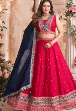Embroidered Art Silk Lehenga in Fuchsia