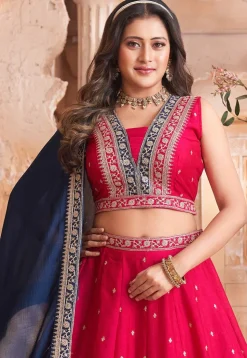 Embroidered Art Silk Lehenga in Fuchsia