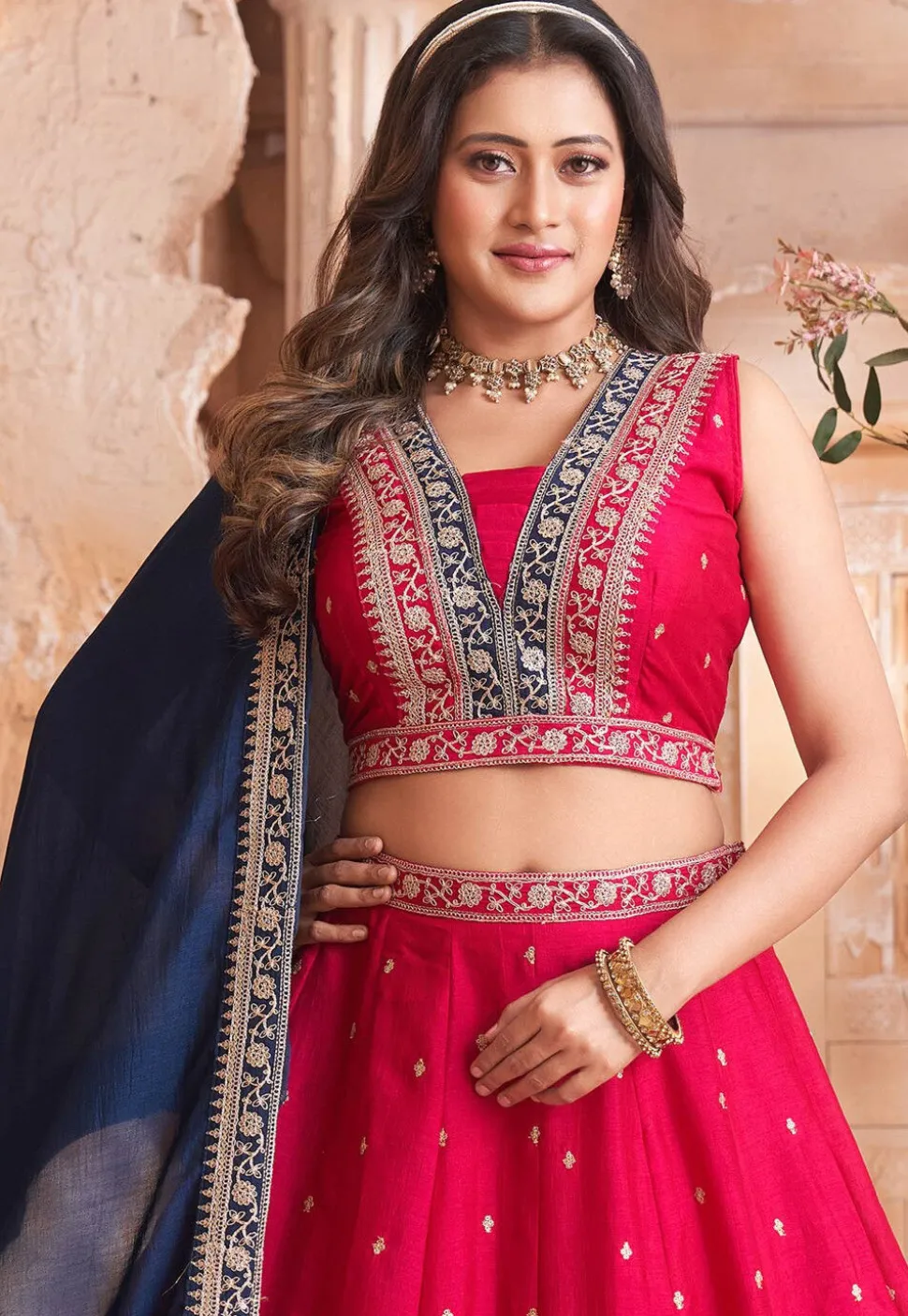Embroidered Art Silk Lehenga in Fuchsia