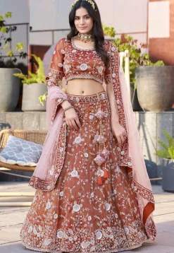 Embroidered Art Silk Lehenga in Rust