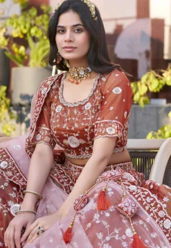 Embroidered Art Silk Lehenga in Rust