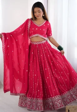 Embroidered Art Silk Lehenga in Fuchsia