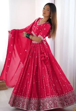 Embroidered Art Silk Lehenga in Fuchsia