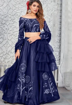 Embroidered Art Silk Lehenga in Navy Blue
