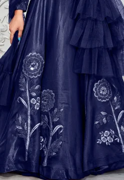 Embroidered Art Silk Lehenga in Navy Blue