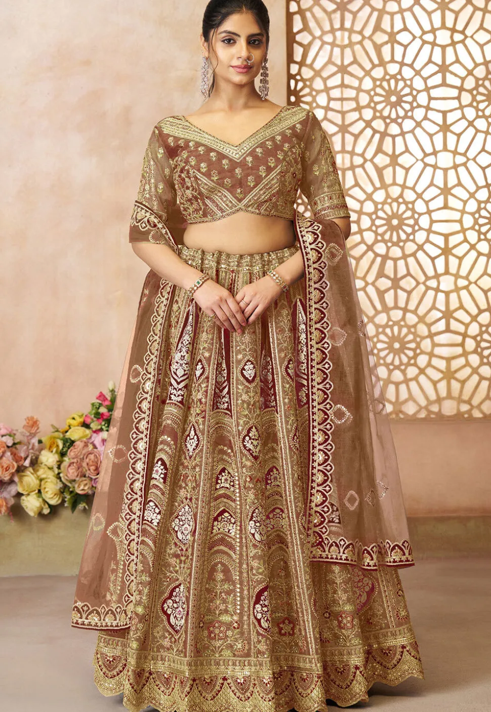 Embroidered Art Silk Lehenga in Old Rose