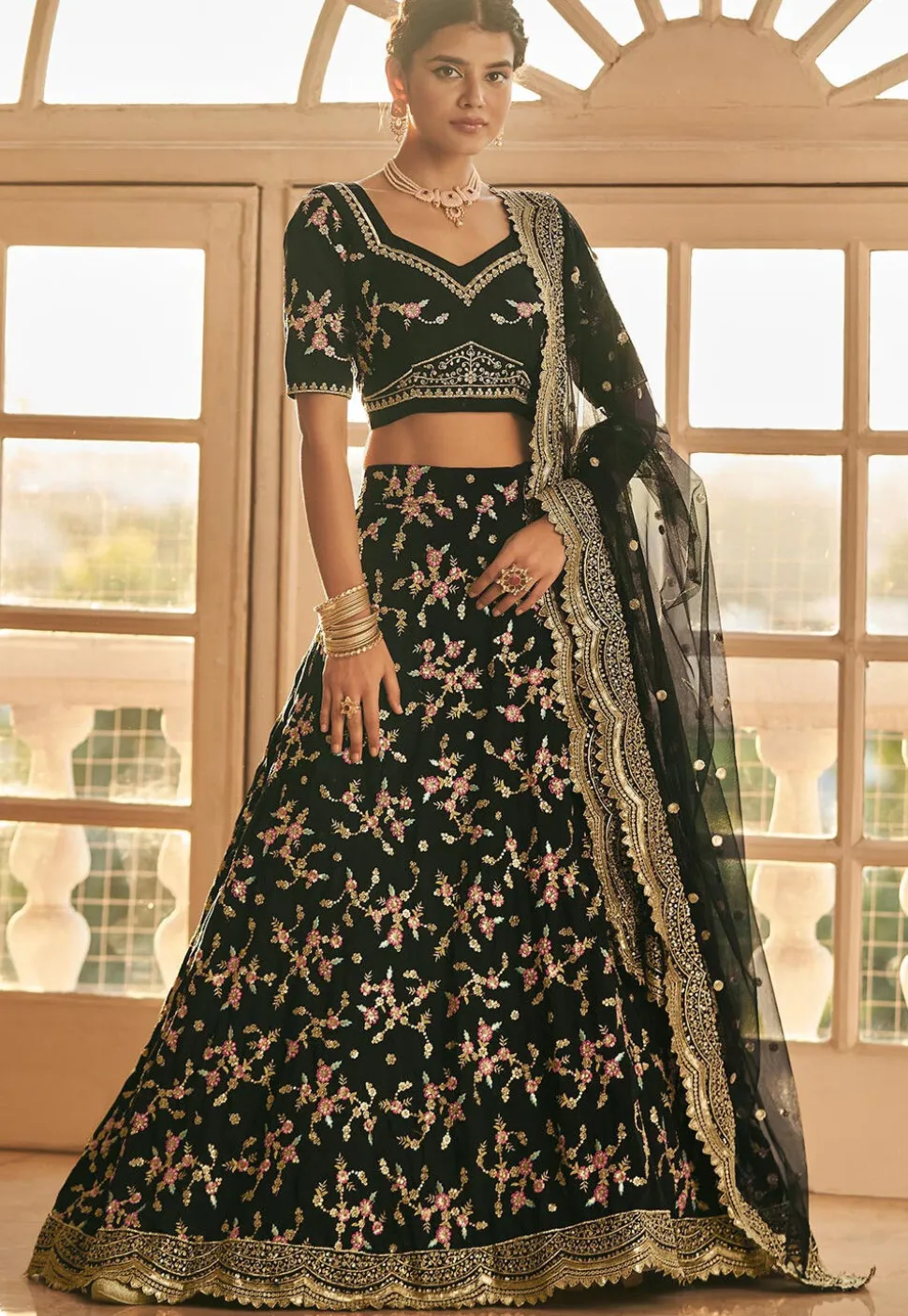 Embroidered Art Silk Lehenga in Black