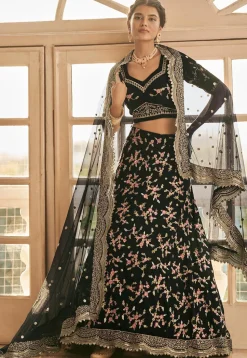 Embroidered Art Silk Lehenga in Black