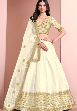 Embroidered Art Silk Lehenga in Off White