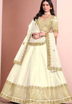Embroidered Art Silk Lehenga in Off White