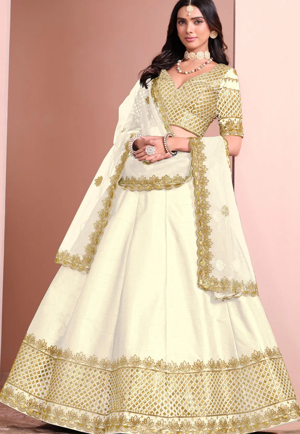Embroidered Art Silk Lehenga in Off White