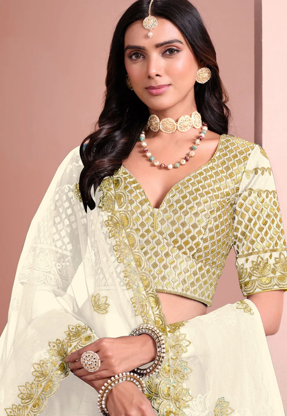 Embroidered Art Silk Lehenga in Off White