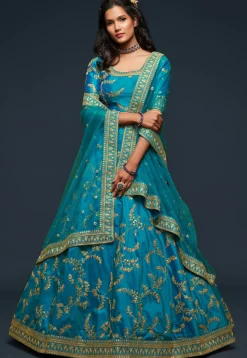Embroidered Art Silk Lehenga in Light Blue