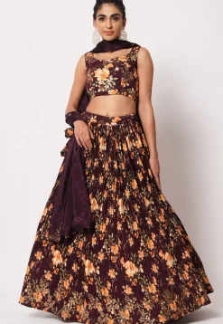 Embroidered Art Silk Lehenga in Wine
