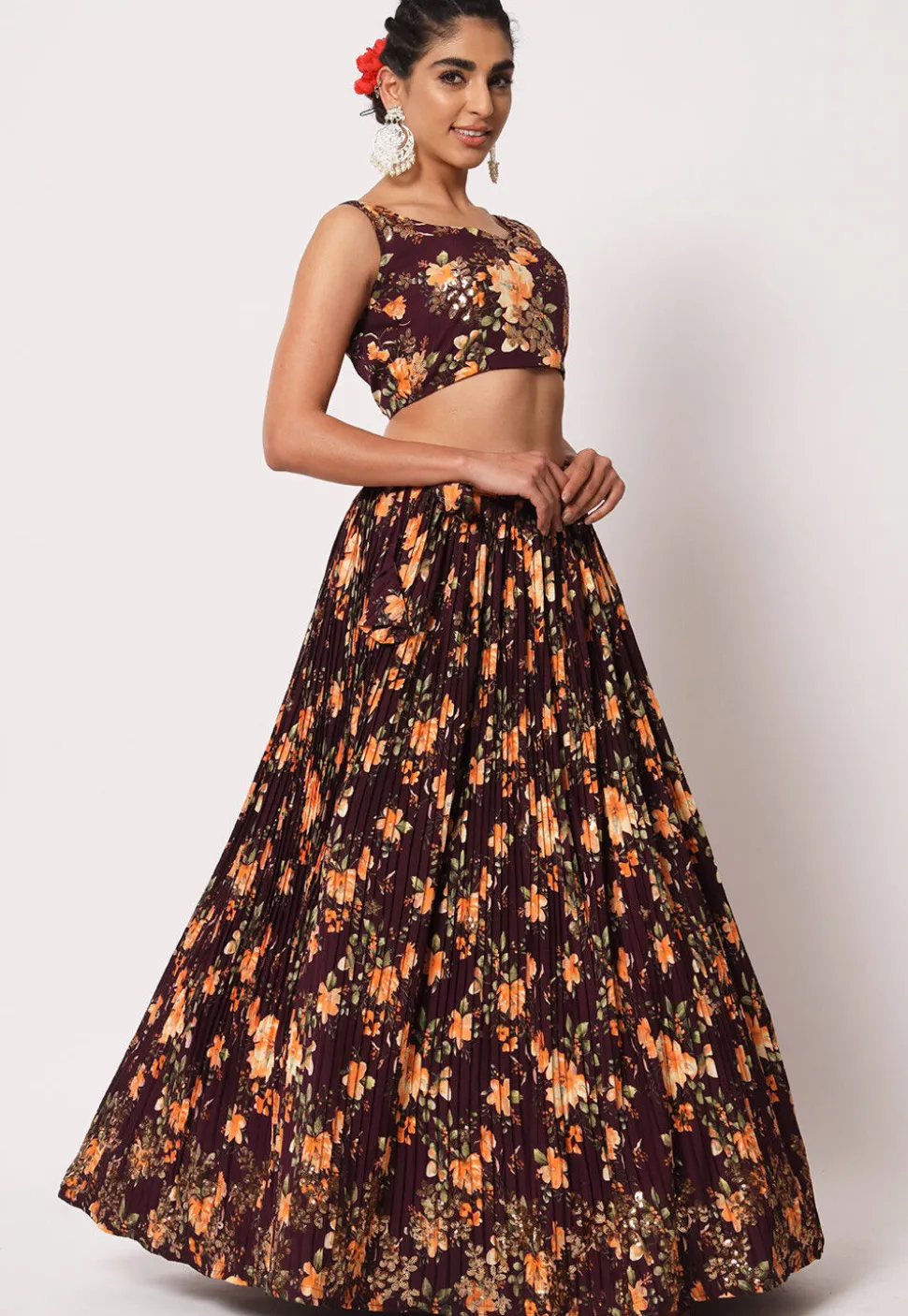 Embroidered Art Silk Lehenga in Wine