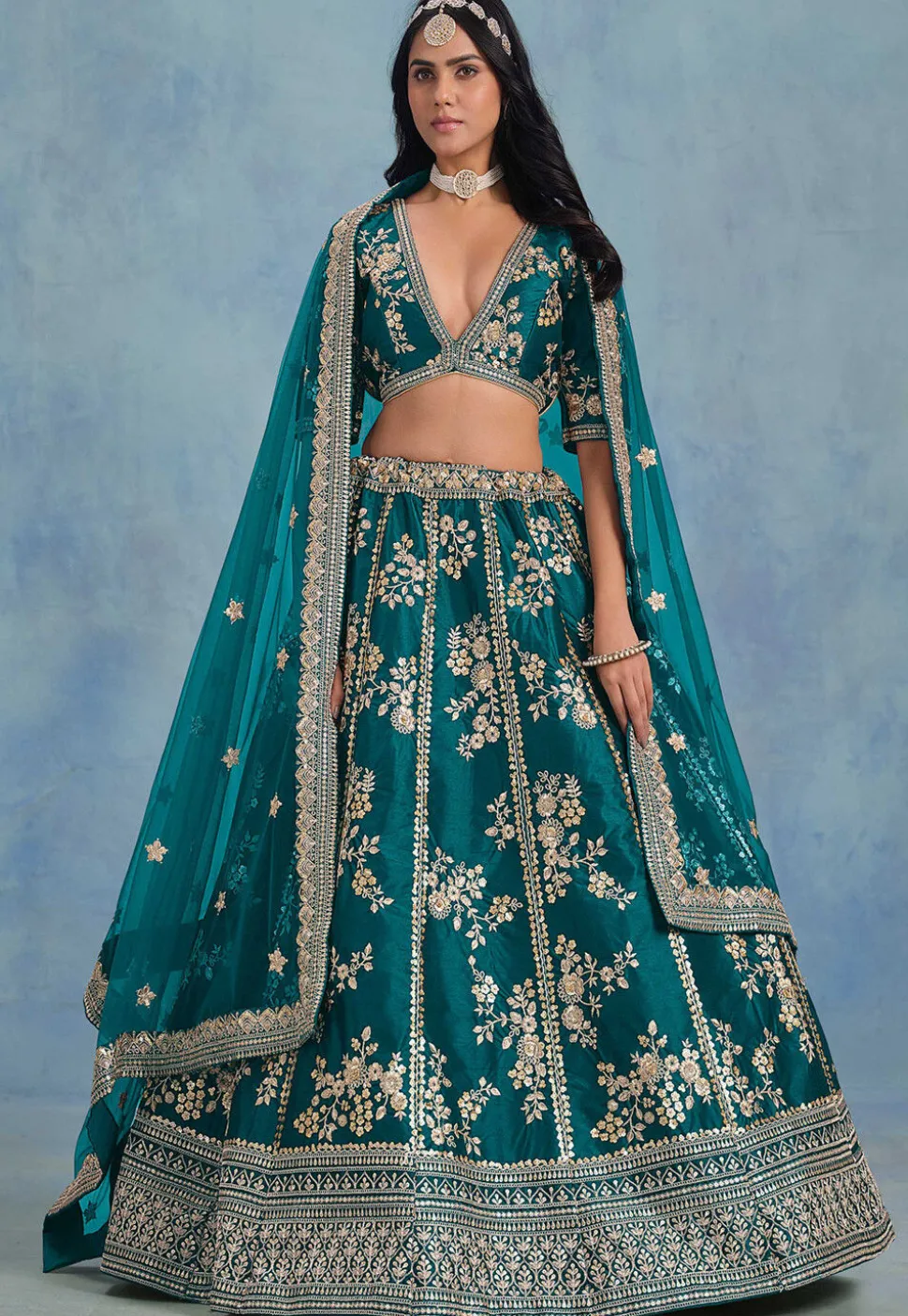Embroidered Art Silk Lehenga in Teal Blue