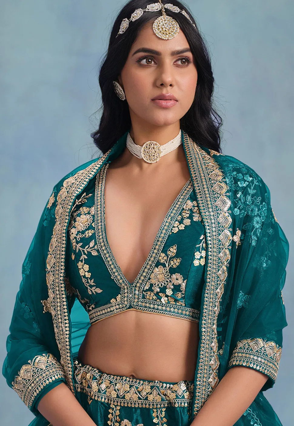 Embroidered Art Silk Lehenga in Teal Blue