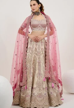 Embroidered Art Silk Lehenga in Cream