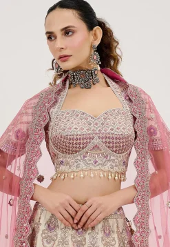 Embroidered Art Silk Lehenga in Cream