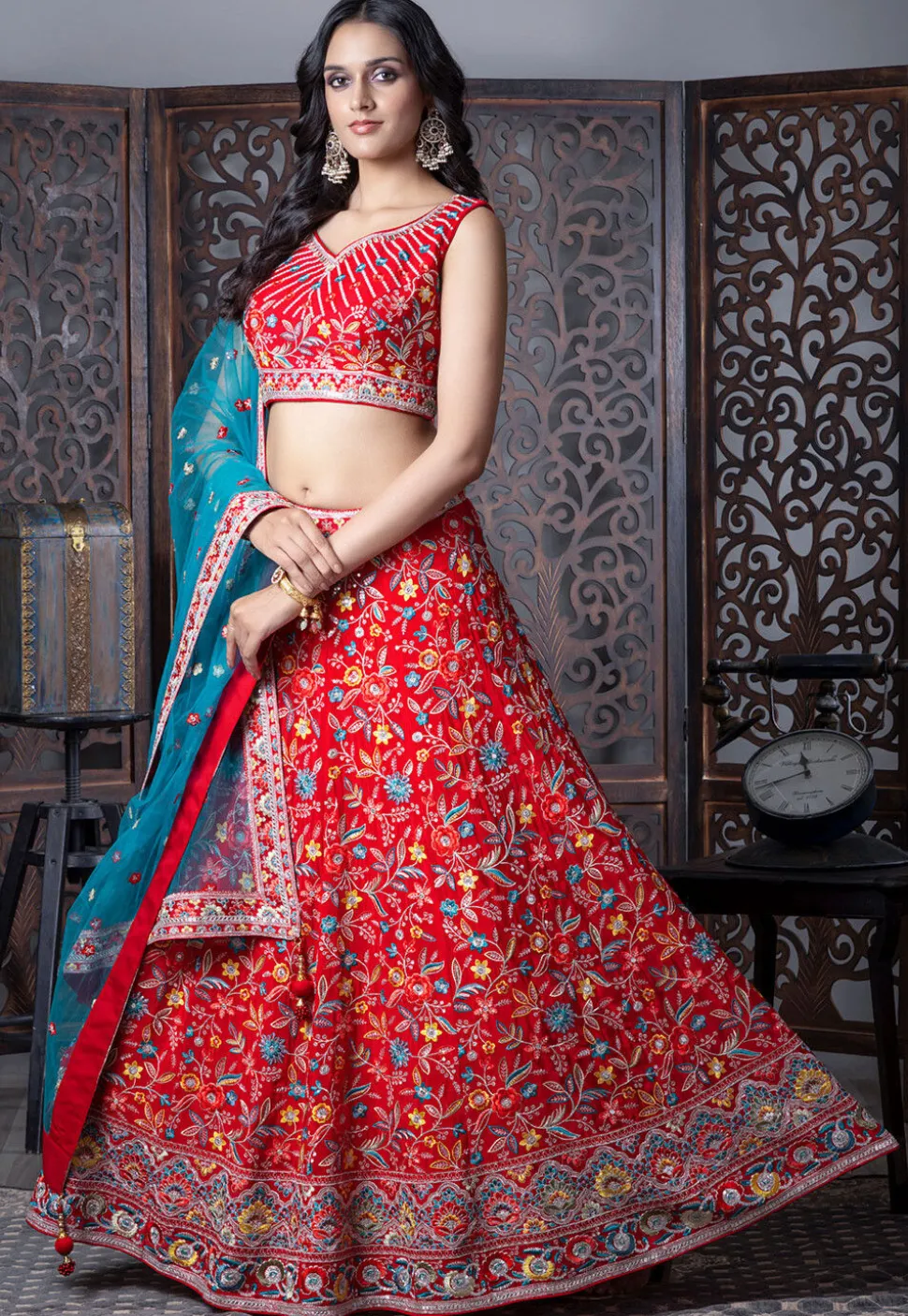 Embroidered Art Silk Lehenga in Red