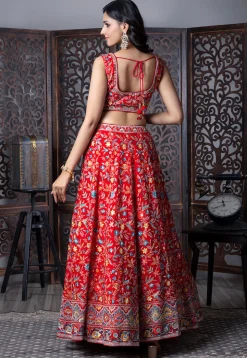 Embroidered Art Silk Lehenga in Red